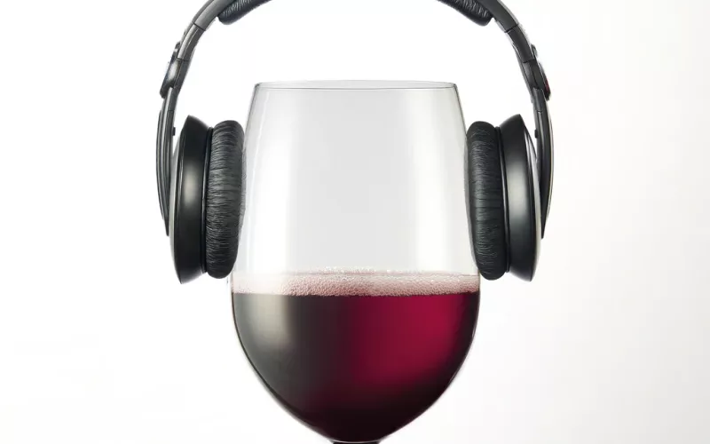 Calice di vino con cuffie musicali